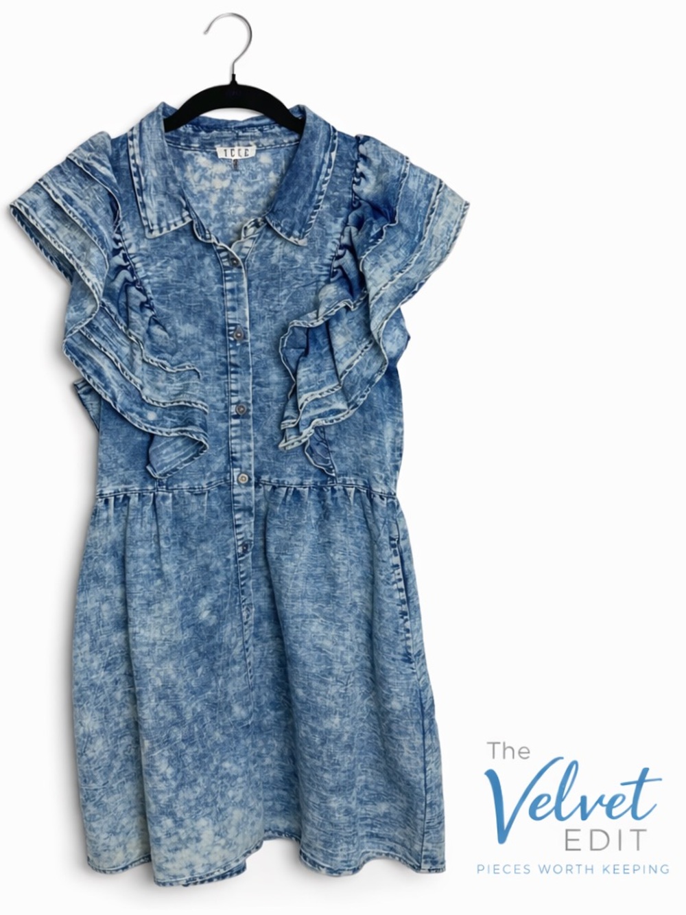 TCEC Denim Ruffle Dress Button Front Acid Wash Blue Size Small